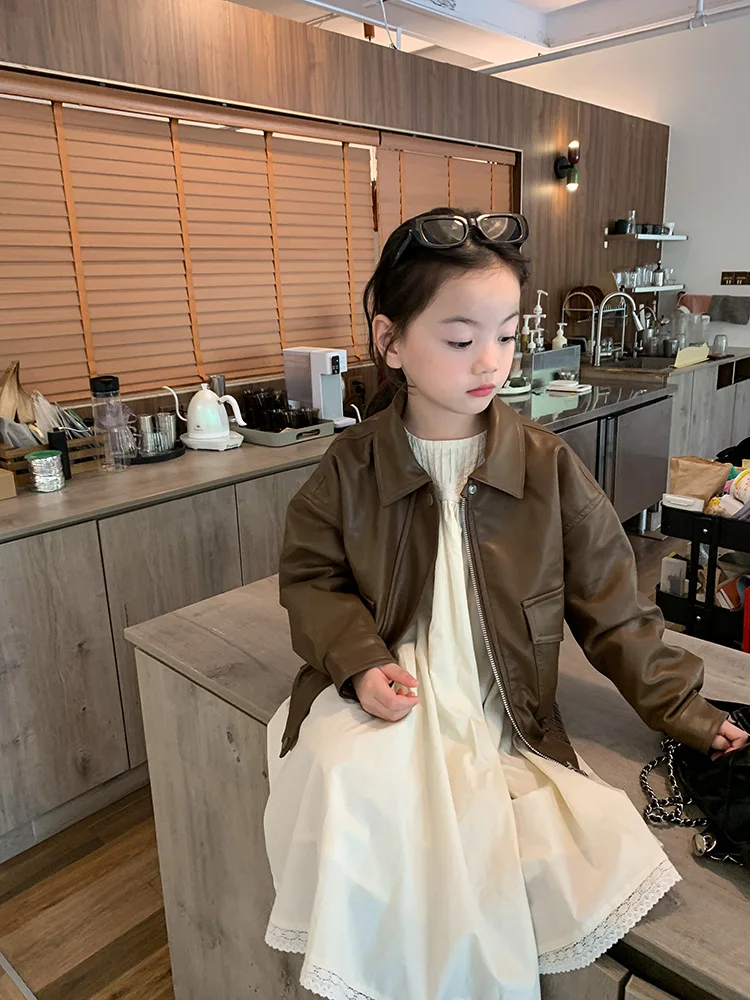 2023 fashion design little baby girl PU leather coat infant toddler kids solid brown jacket clothing boutiques 617