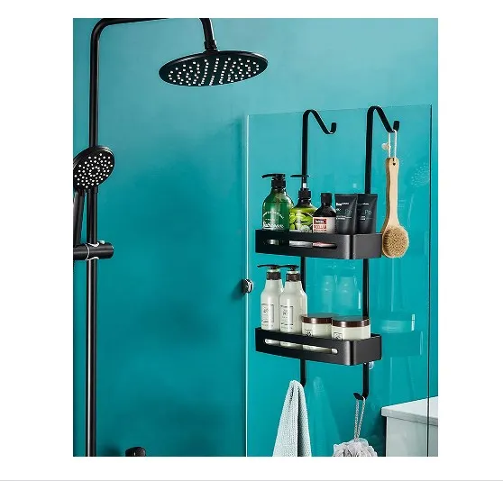 Shower rack Hanging black shower rack bathroom bathtub storage rack with hook and basket