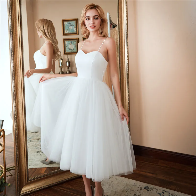 2020 New Simple Bridal Gown Summer Spaghetti Strap White Short Wedding Dress