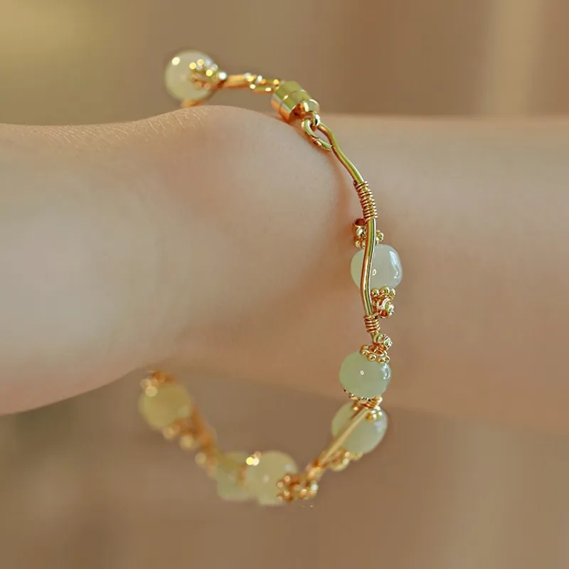 Ancient Green Agate Beads Charm Bracelet Chinese Jade Green Bamboo Pendant Women Woven Hand Jewelry Gold Gifts