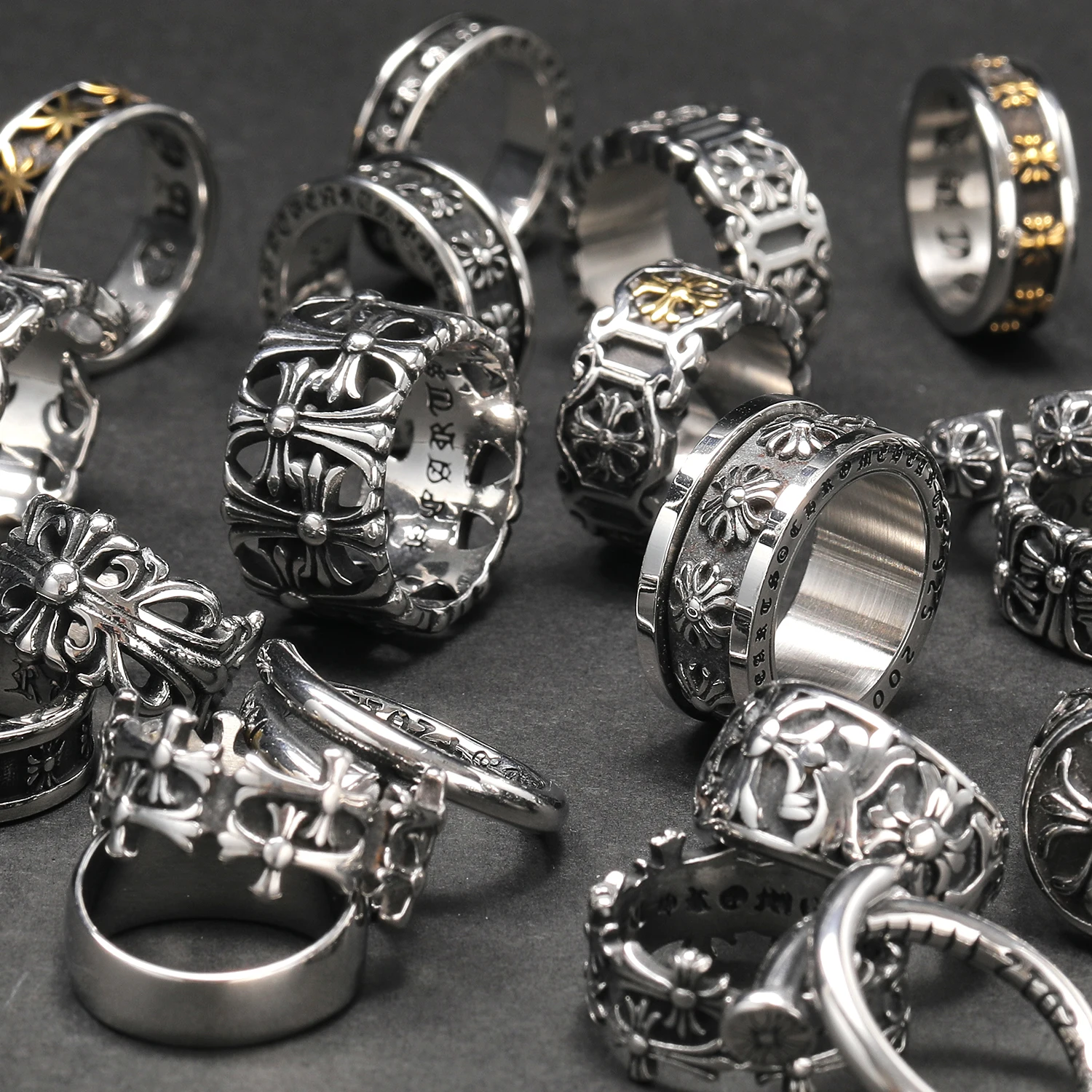 Factory Wholesale Stainless Steel chrom Rings New Retro Style Hop Punk Personality Collection Heart Jewelry for Men