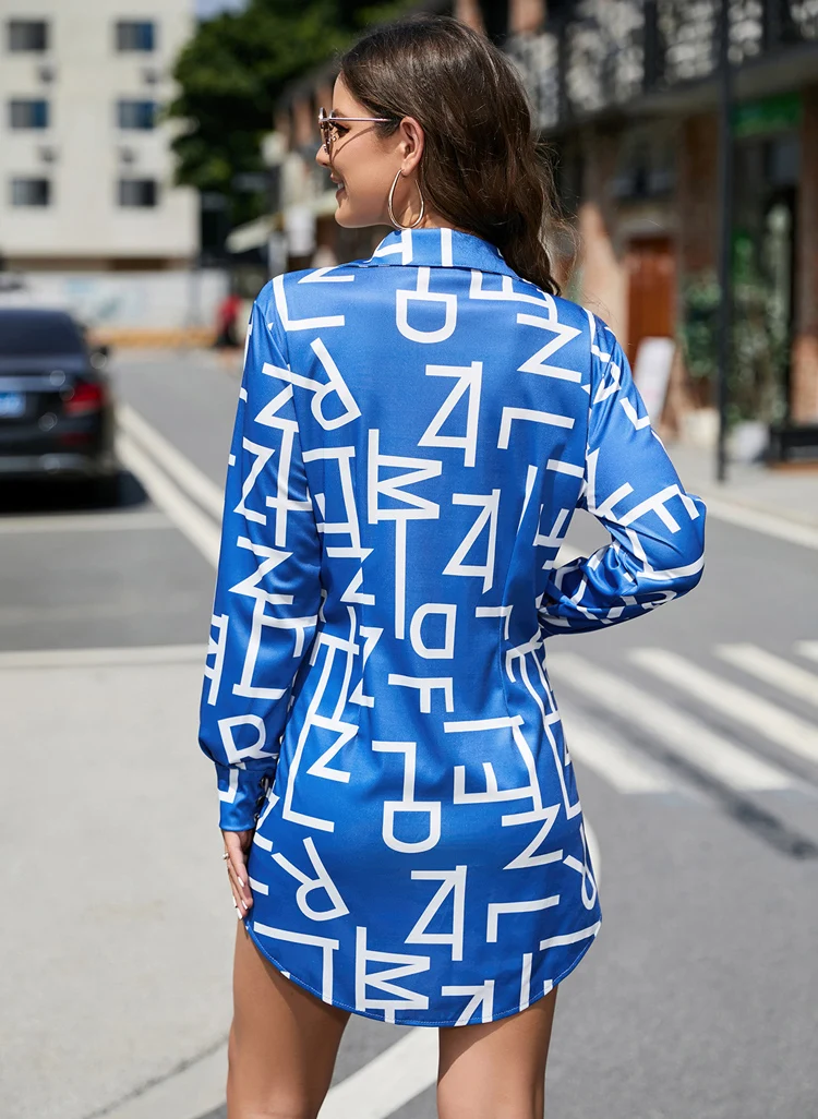2022 Autumn and winter new fashion letters printed lapel single-breasted shirt dress wholesale