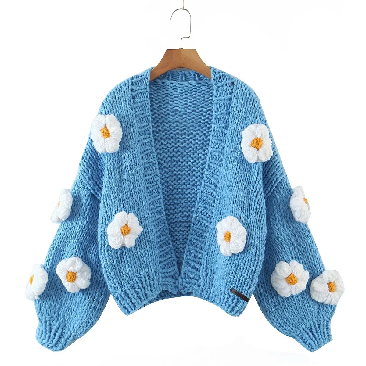 Hand Knit Oversized 3d Cloud Embroidery Casual Cardigan Acrylic Cotton Made Long Sleeve Floral Handmade Women Sweater Winter