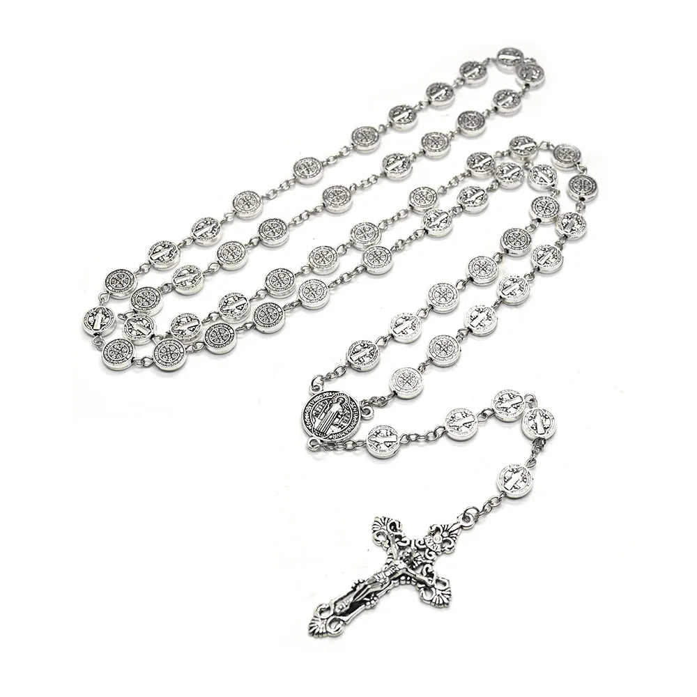Religious Silver Plated Metal St.Benedict Cross Pendant Rosary Necklaces Men Catholic Religious Prayer Jewelry Accessory Gifts