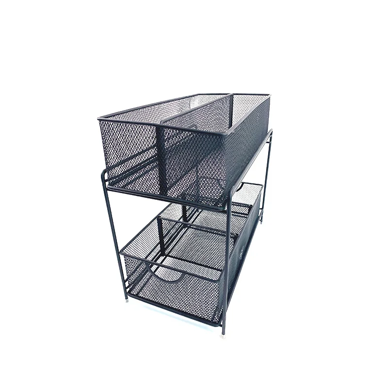 2 Tier Mesh Sliding Cabinet Organizer Stackable 2-Tier Under-Sink Cabinet Organizer with Sliding Storage Drawer