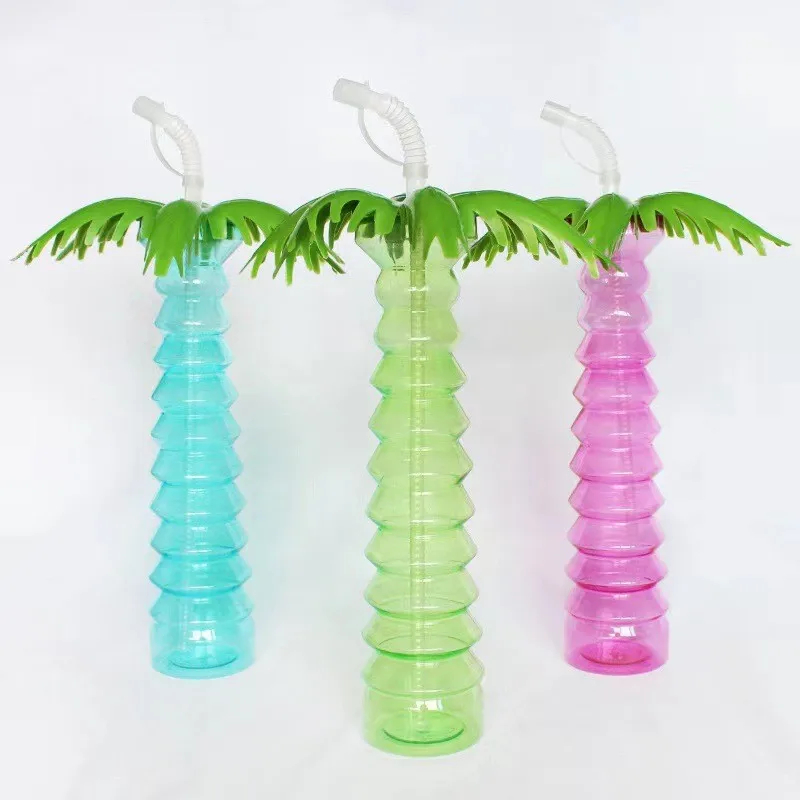 500ml 16oz plastic yard cups Palm Tree Plastic Yard Glasses with Straws Coconut palm plastic sippy cup disposable juice bottle w