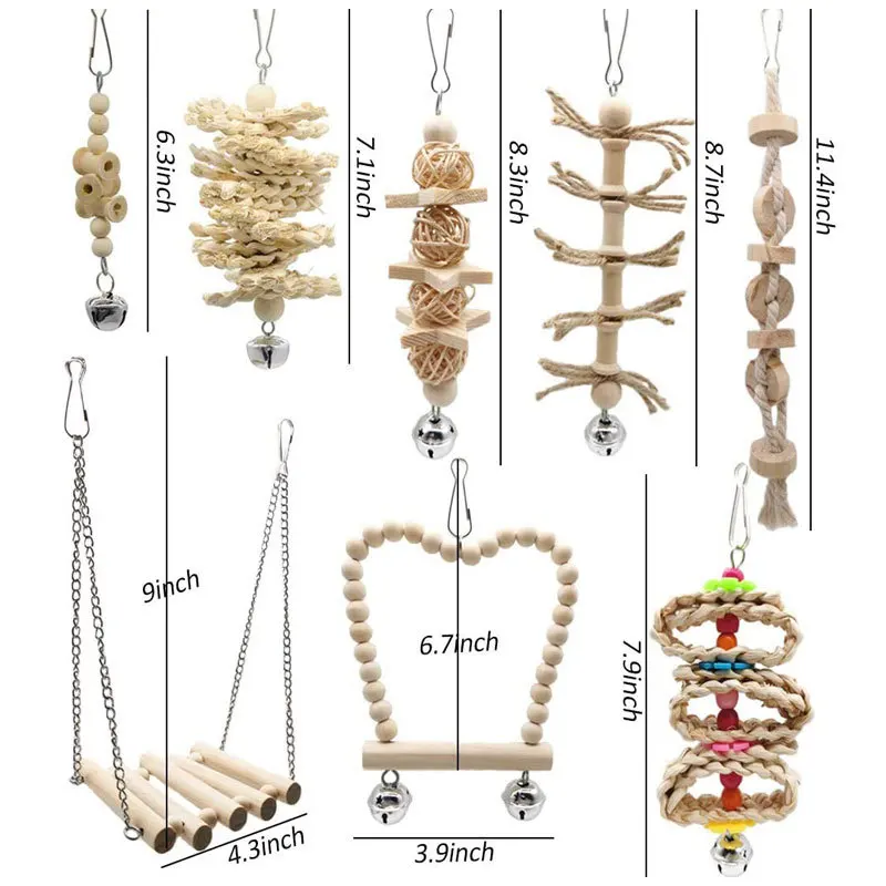 8 Packs Bird Parrot Swing Chewing Toys Wooden Bird Tearing Toys Natural Opp Bag Picture Animal Toys Pet Training Products 10pcs