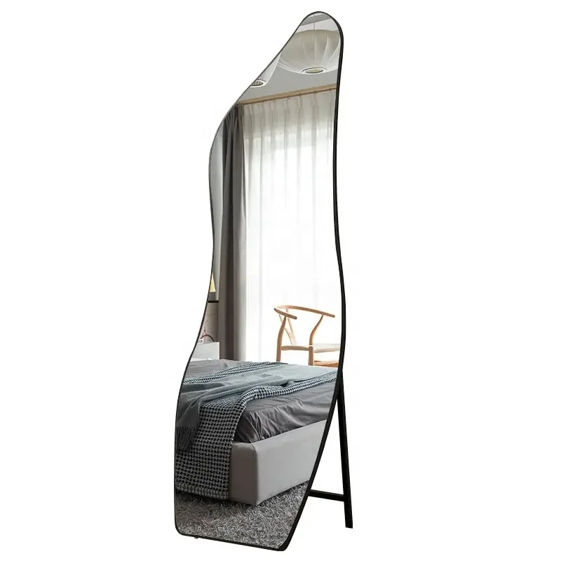 Wholesale Modern Decor Framed Wall Mirror Large Full Length Asymmetrical Irregular Wood 4mm Glass Mirros Custom Shape Wave Glass