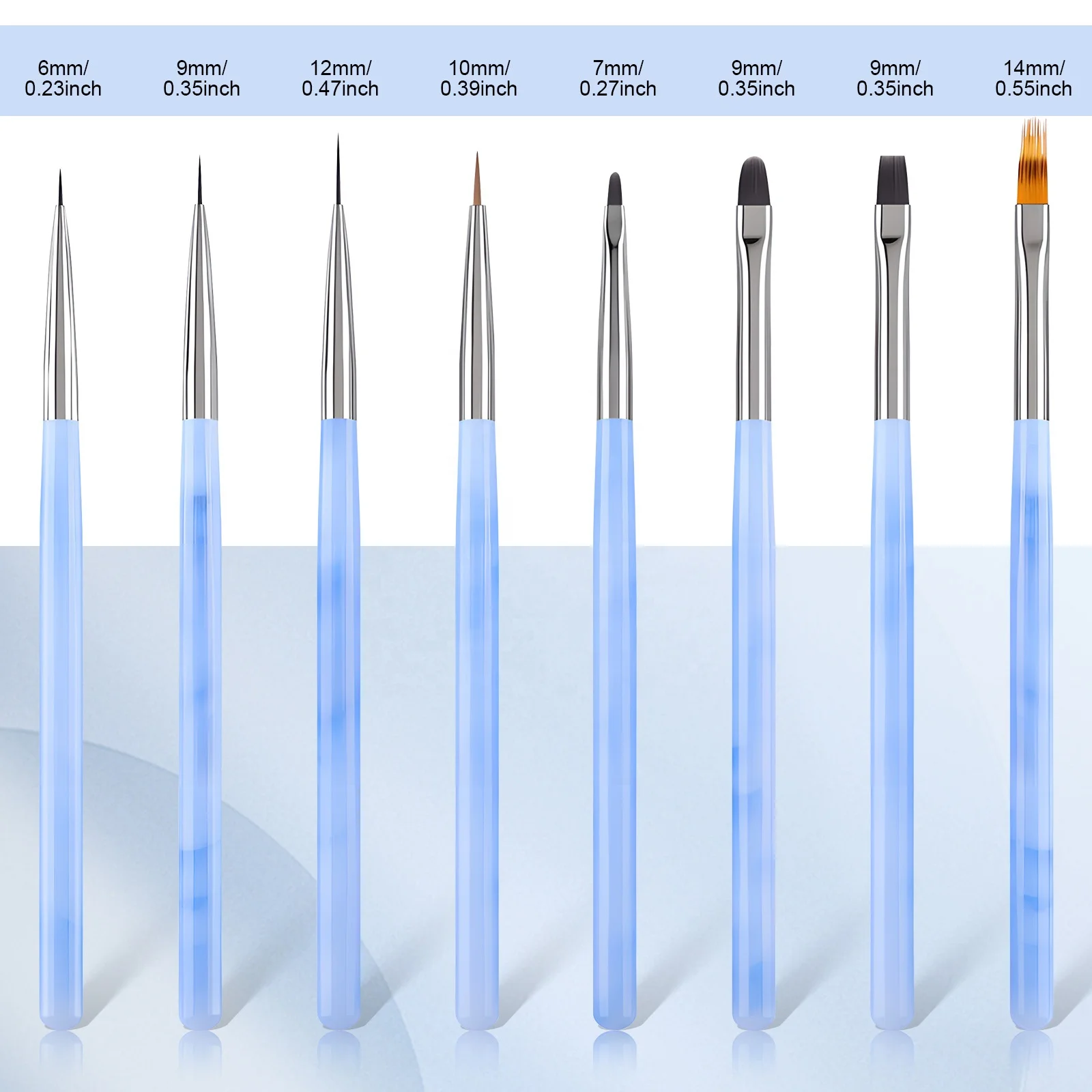 Professional Nail supply 3 colors Acrylic Nail Brush Flat Construct Pen 8pcs fine liner brushes set for Nails Art