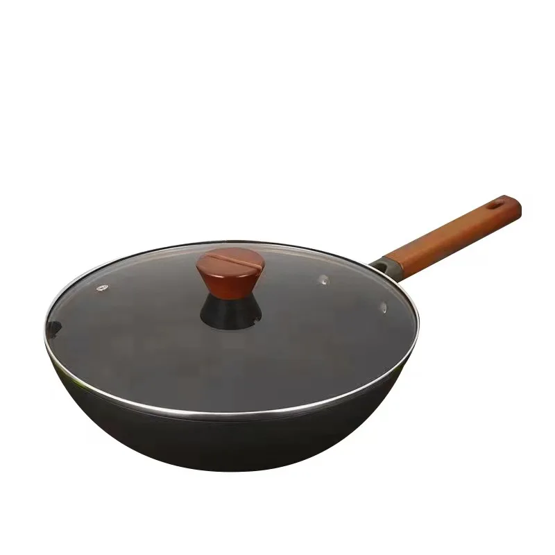 Deep Nitrogen Infused Uncoated Non-Stick Cast Iron Wok with Glass Lid for Gas and Induction Stoves for Cooking