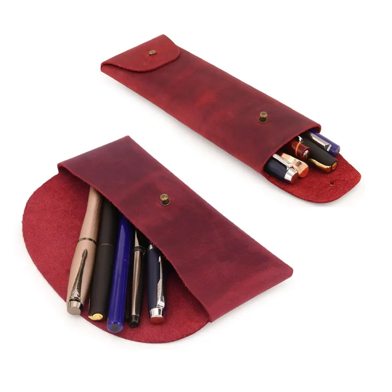 Custom Logo Vintage Office Pen Case Genuine Leather Pen Case with Metal Snap Fastener Organizer School Fountain Pen Holder Bag