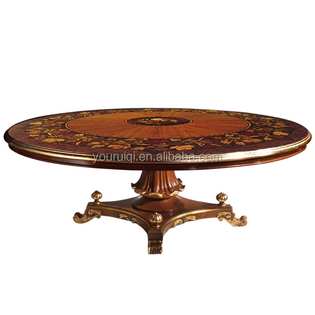 Round Mahogany Dining Table, Classic Marquetry Inlaid Dining table, European Luxury Carved Wood Dining Table