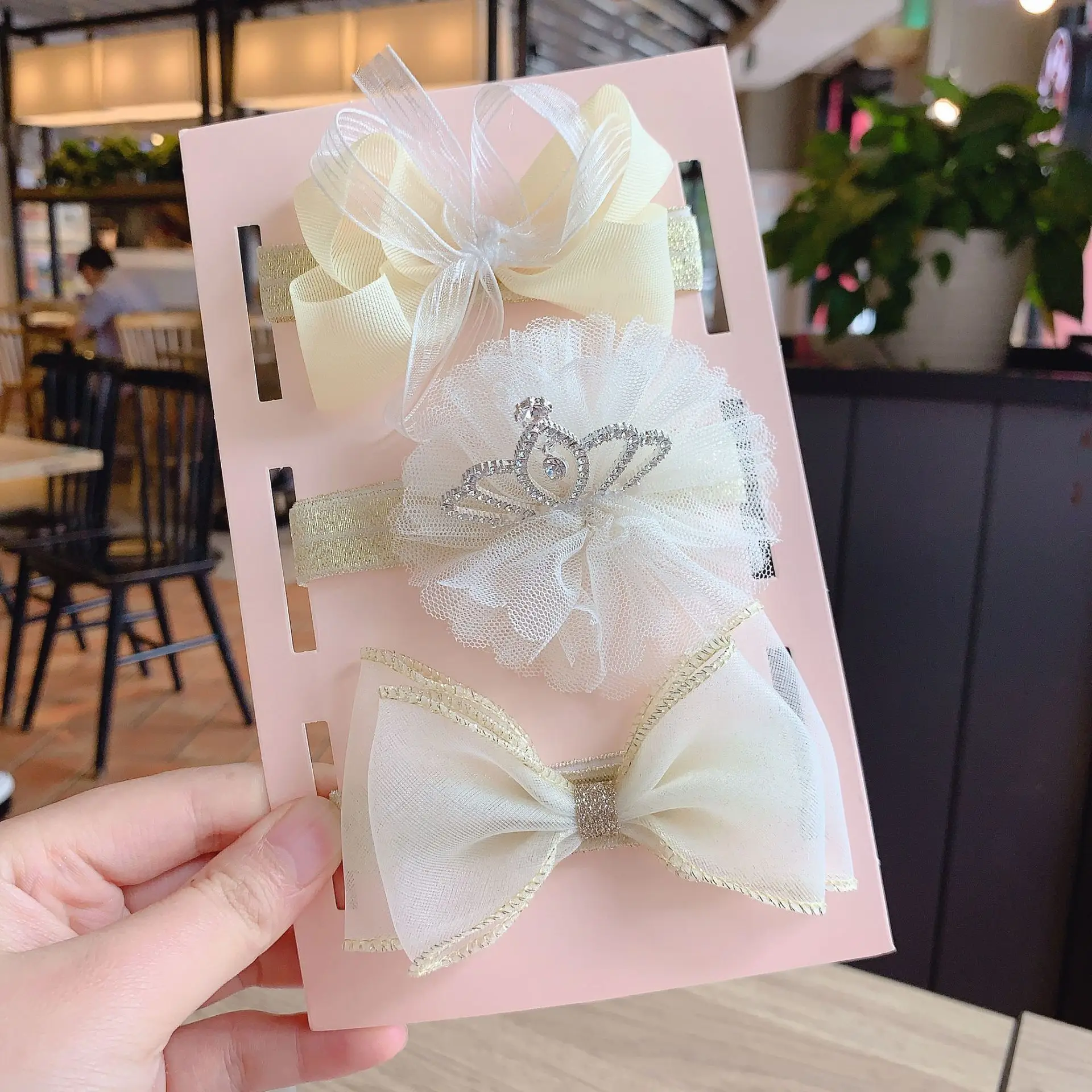 
gift box package 3pcs Kids elastic Bow hair band photo props Pink Color Pom poms Hair accessories new born Baby headband 