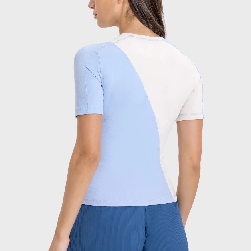 Sports T-shirt With Colour Blocking Slim Fit Gym Fitness Short Sleeve Tee With Asymmetrical Design Stretch Running TrainingTops