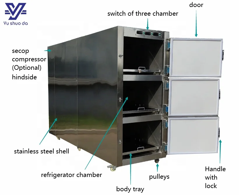 YUSHUODA hospital use refrigeration equipment 3 corpses freezer and refrigerator with wheel