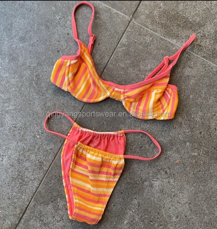 OEM design striped printing Soft Material swimwear fitness tie front swimsuit custom Men Short Trunks High Quality bikini 2023