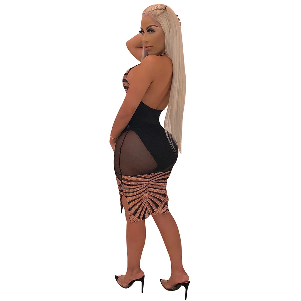 YH 2019 deep V night party sexy women clothing bandage sleeveless mesh nightclub sequin dress