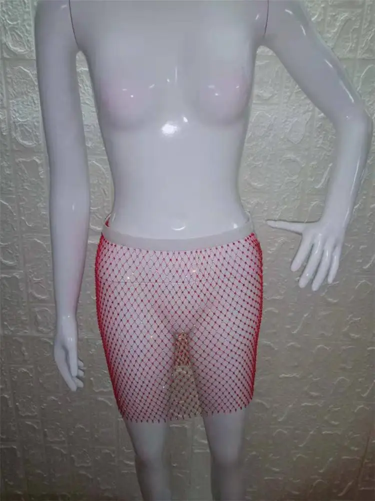 SH1121 Fashion Women Sexy Bodycon Hollow Out Knitting Fishnet Skirt Rhinestone Mesh Midi Skirt