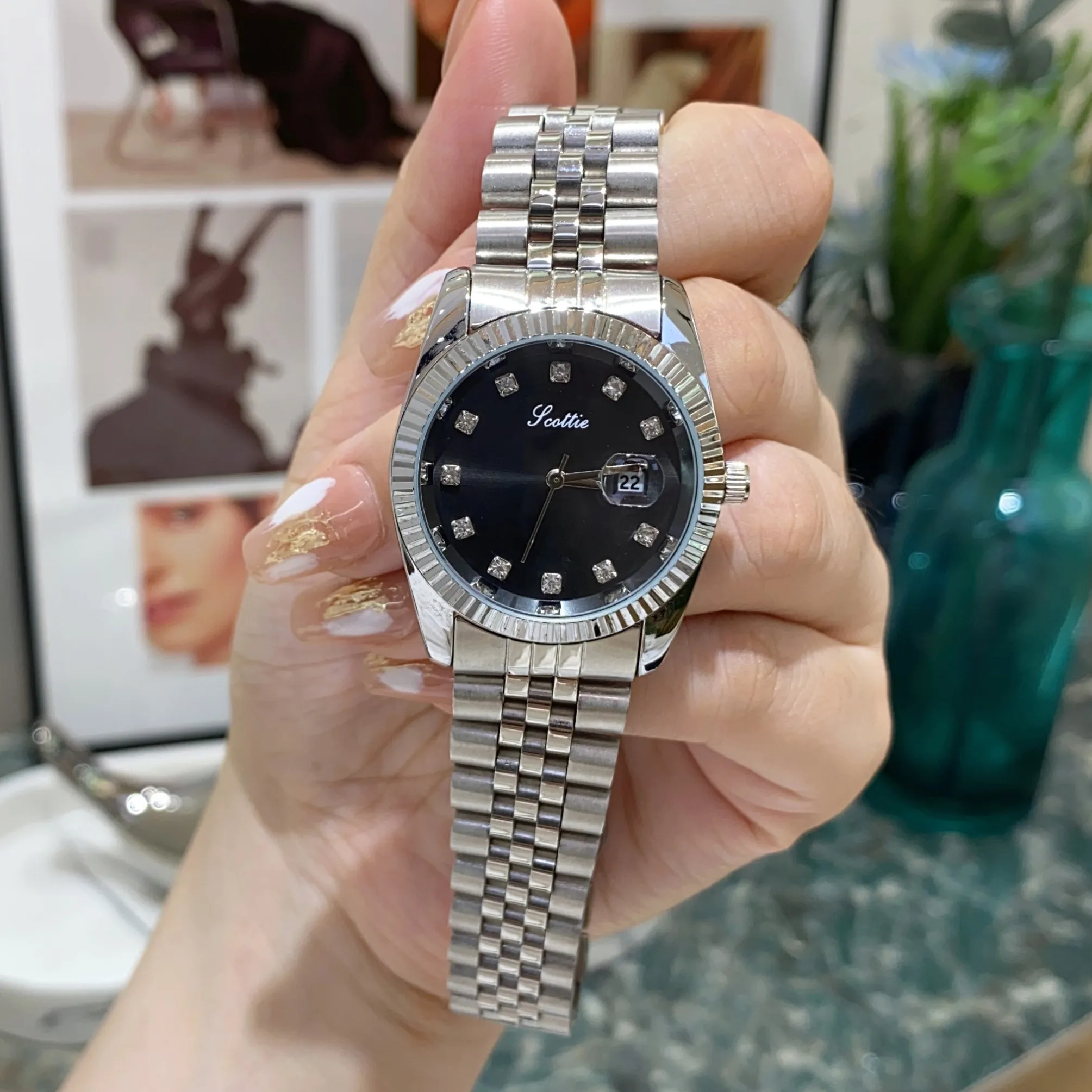 Scottie 9570 brand agents custom ladies quartz watch 2024 steel strap water resistant auto date Concise Luxurious hand watch