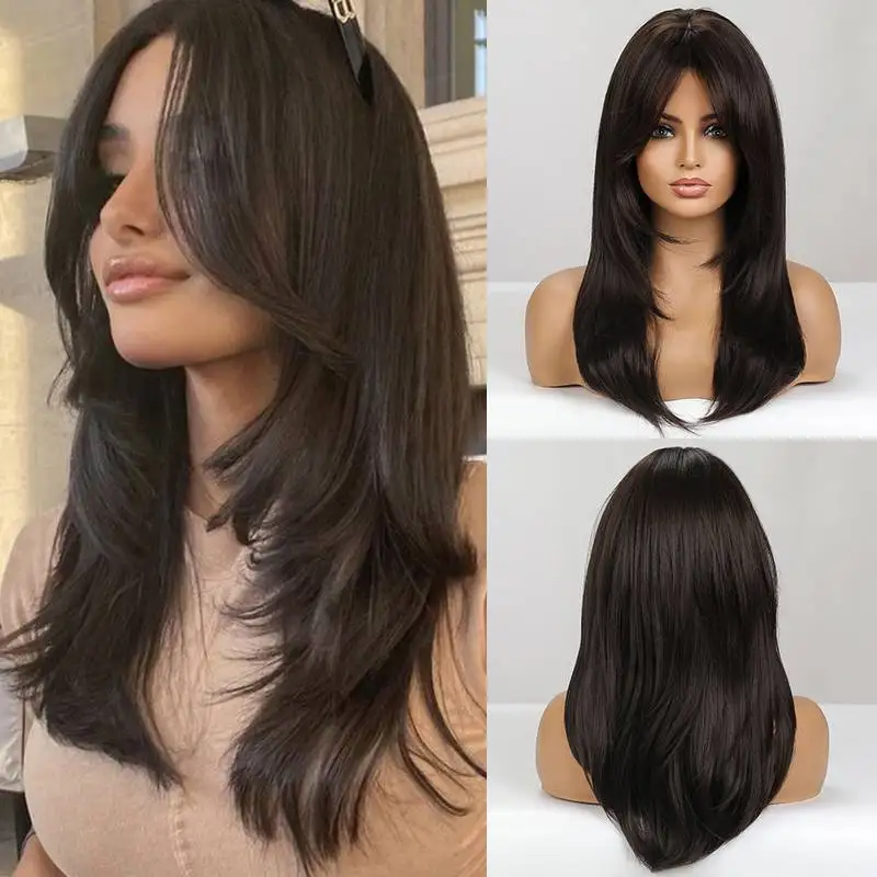 Factory Cheap 24 Inch Long Straight Layered Hair Wigs Synthetic Hair Replacement Wigs With Bangs For Daily Use For Women