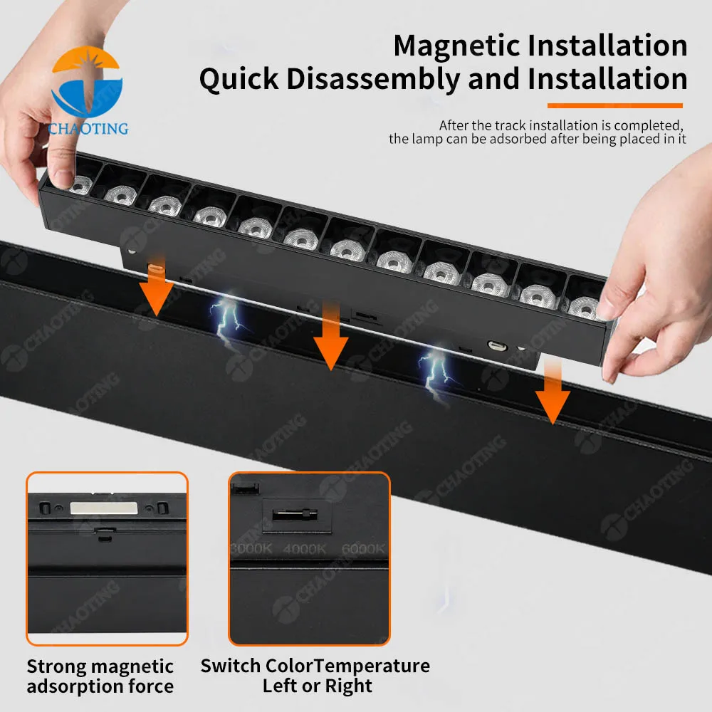 Modern Commercial Linear Tracklight Spot Lamp System 3color Dip Switch Adjustable Spotlight Magnet Magnetic Rail LED Track Light