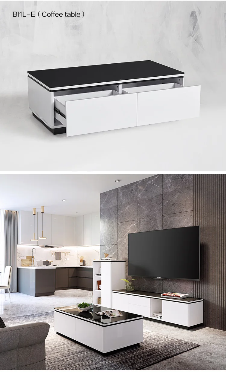 Modern Nordic Simple Design Wooden Glass Top Coffee Table Living Room Furniture TV Cabinet Set