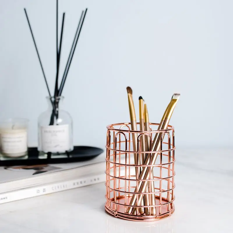 Rose Gold Metal Mesh Desktop Organizer Iron Round Pen Holder Pencil Storage Container for Home Office
