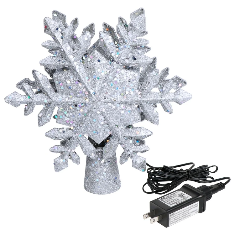 China manufacturer Snowflake Shaped Glitter Lighted Sliver Snow LED Polyester Christmas Tree Topper