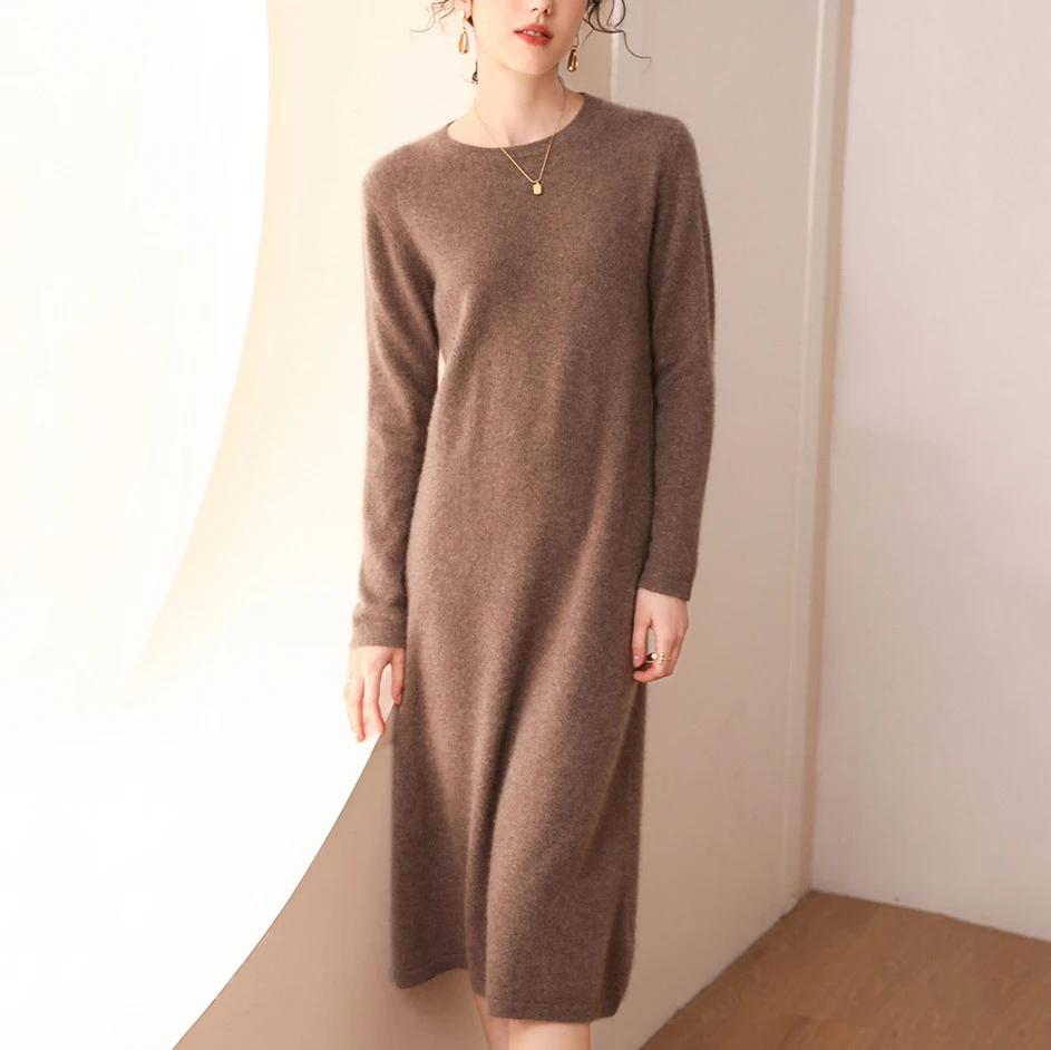 Wholesale Ladies Fall Elegant Long Sleeves Casual Lightweight Loose Winter Women Pure 100% Cashmere Sweater Dress Women Clothing