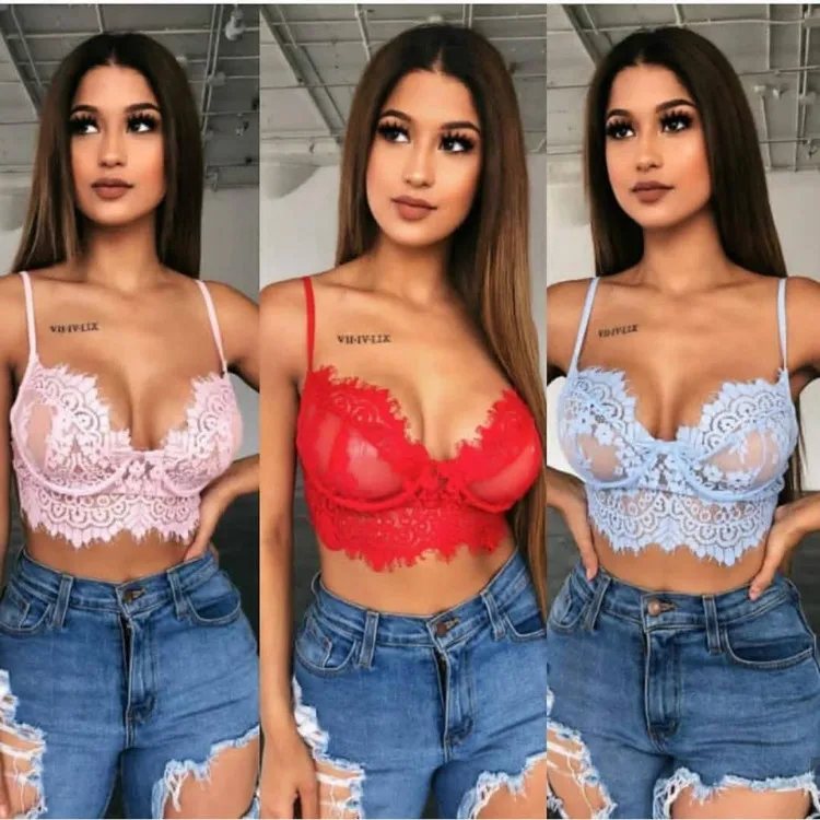 2019 Sexy See Through Lace Camisole Tank Top Lace Crop Top Outfit with Wire Ladi Bra Crop Top Lace Women