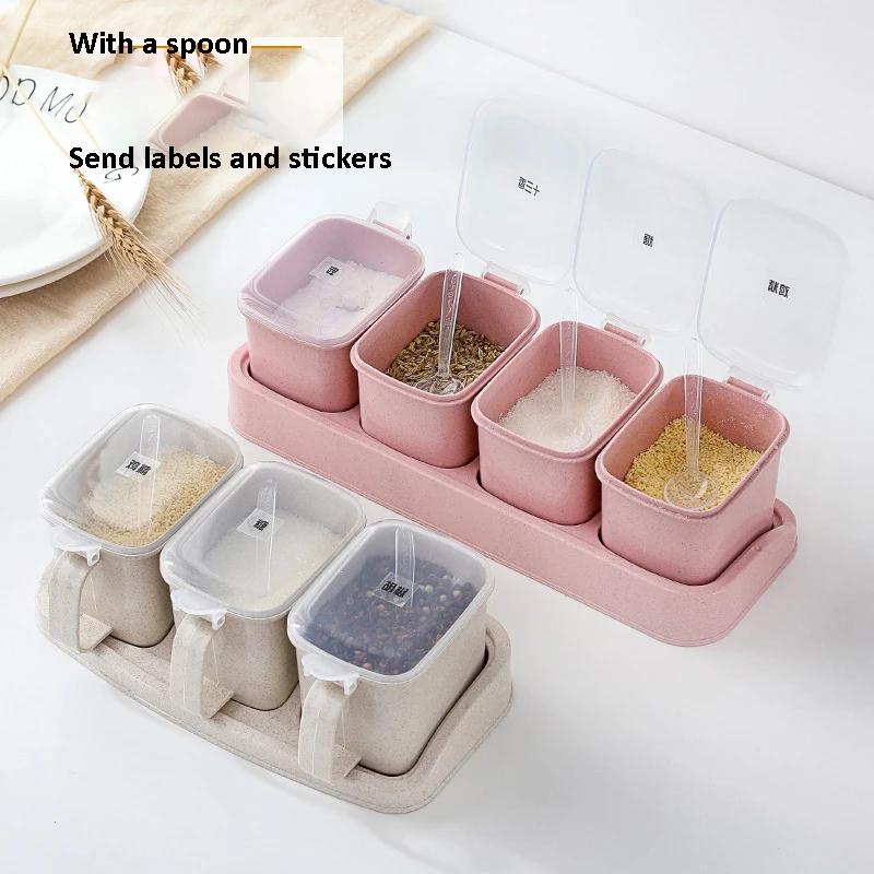 Condiment Jar Spice Container with Lids and Spoons, Clear Glass Condiment Canisters Pots Seasoning Box Salt Container Sugar Bowl