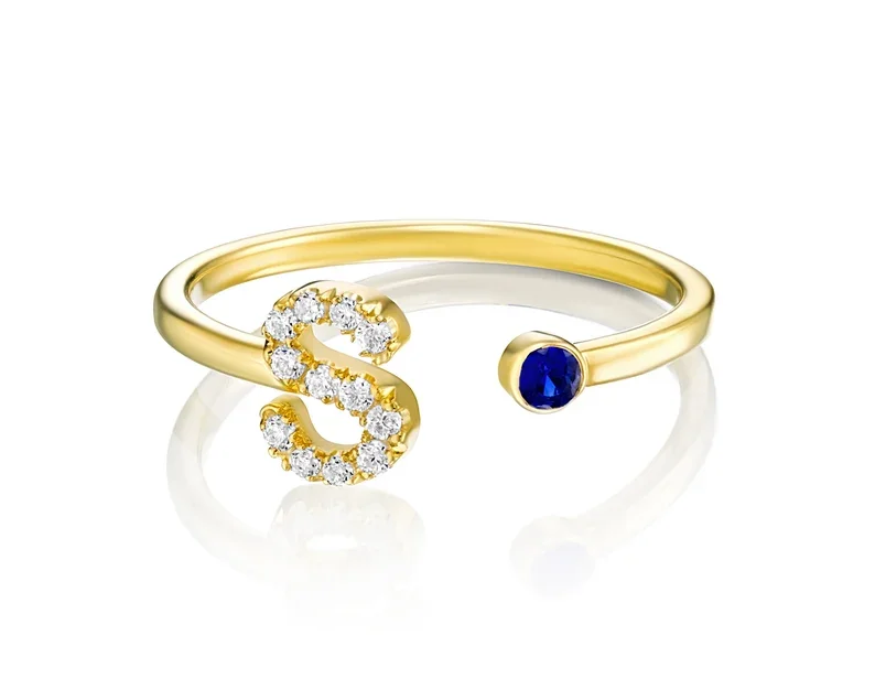 Initial 18K Gold Plated Birthstone Open  Alphabet Ring With Birthday Gemstone 925 Sterling Silver Rings for Girls