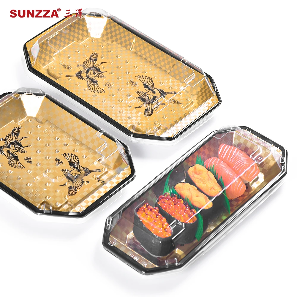 Sunzza gold irregularity thickness PET materials anti fod lid sushi container anti skid disposable plastic sushi box