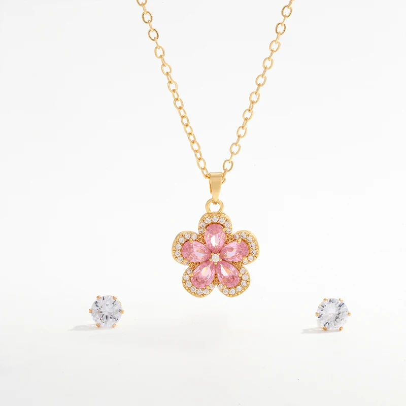CDD Brilliant Zirconia Stone Trendy Flower Jewelry Colorful Crystal Pendant Necklace Earrings Set for Women