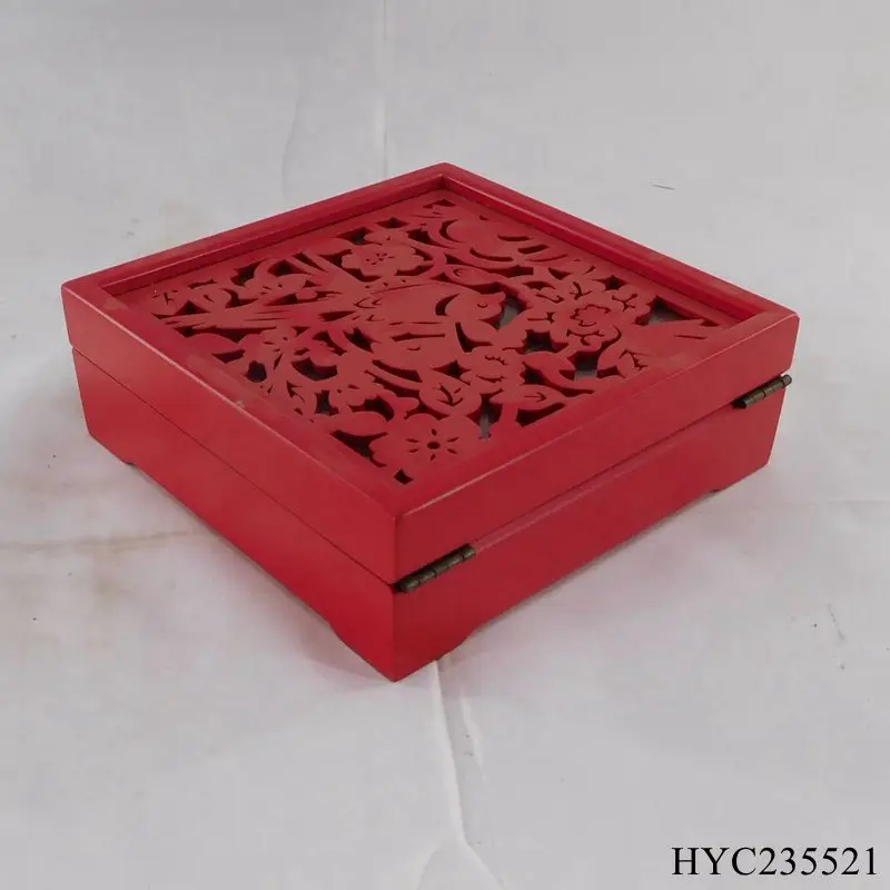 Custom Unfinished wood red painting engraving box wooden engraved gift box with hollow carved pattern lid for gift pack