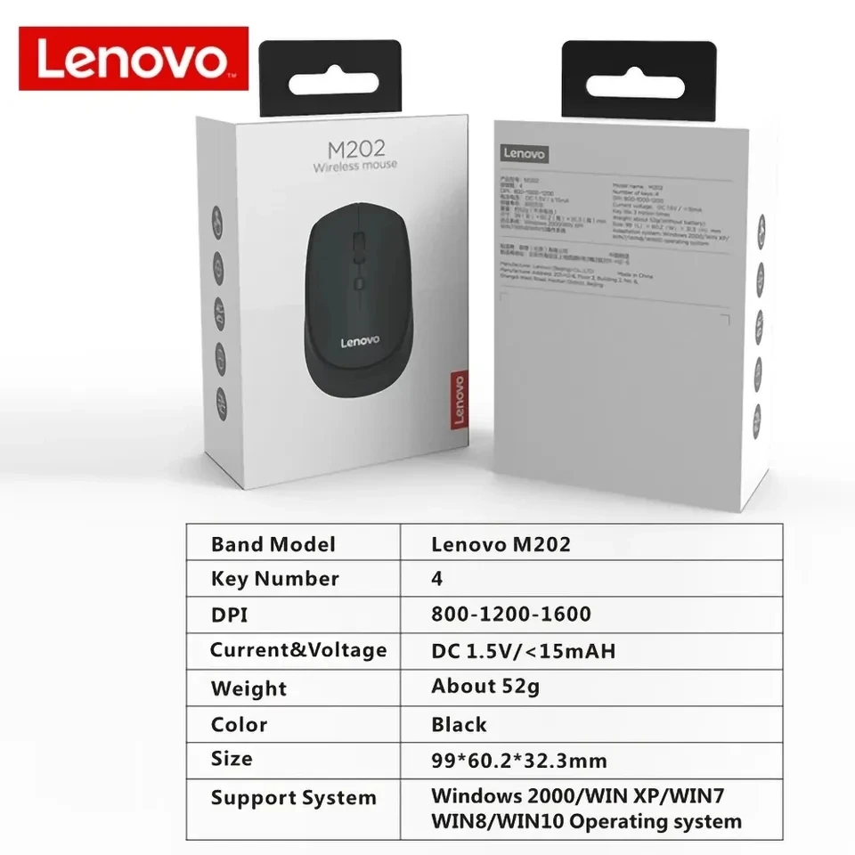 Lenovo M202 Wireless Mouse Ultralight 2.4G Mini Mouse Ergonomic Design Home