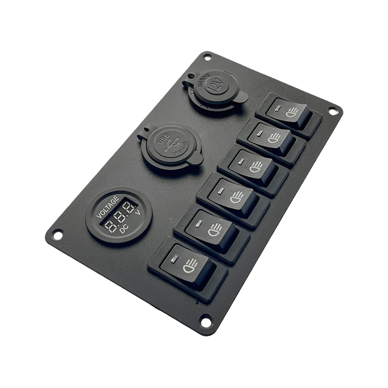 12V/24V 6 Gang Switch Panel With Buttons Circuit Breaker LED Digital Voltmeter Dual USB Ports ON/OFF Lights Rocker Switch