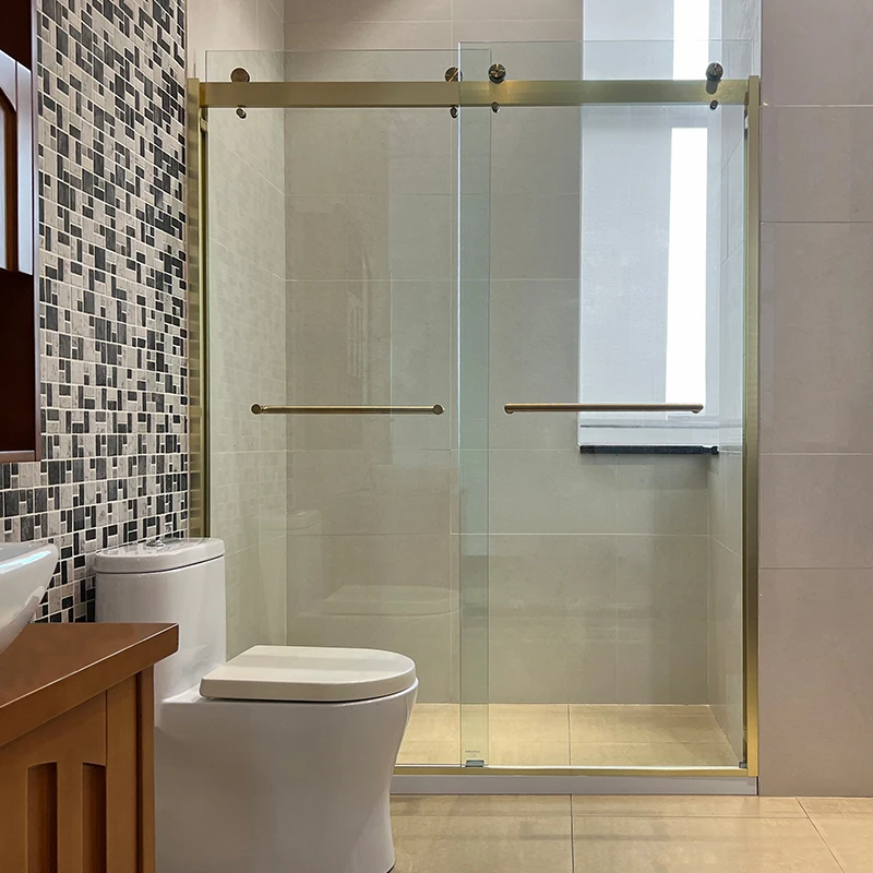 Aluminum wheels stainless steel handle brush gold frame shower glass door