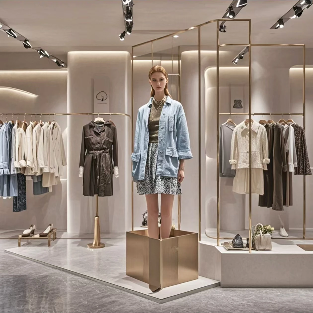 Luxury clothing store fixtures mall metal gold wall floor stand custom clothes display rack shop design