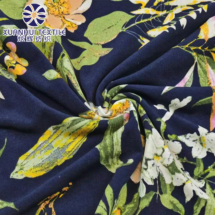 
Xuanhui Textile Printed Knitted Memory Fabric Red Flower Design ITY In Stock Polyester Four Way Stretch Spandex Fabric 