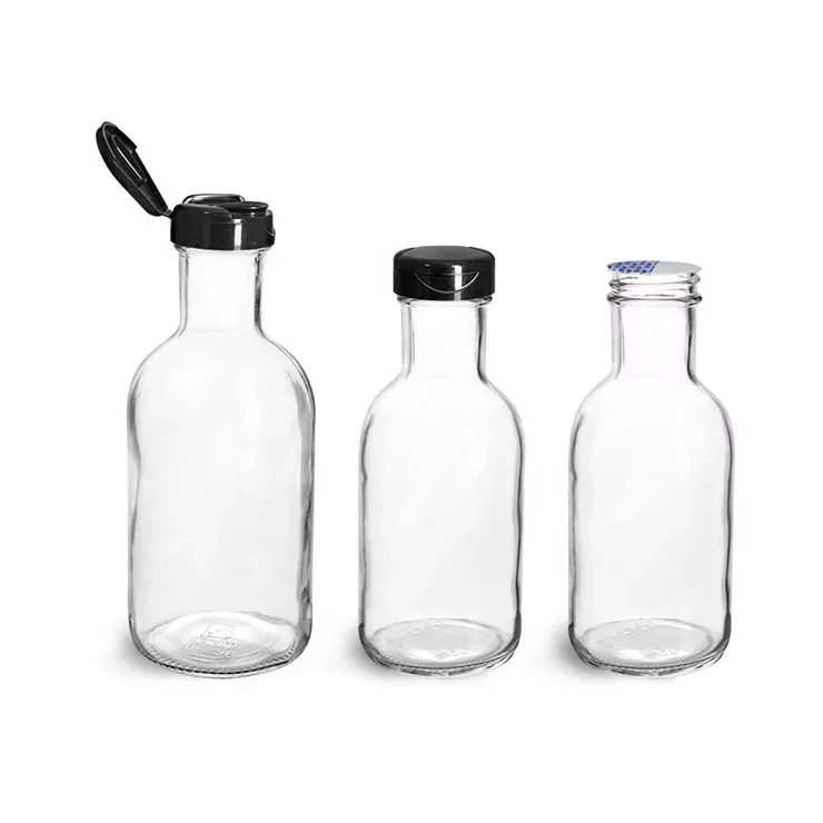 8 oz 12 oz 16 oz Wholesale Food Grade Stout Glass Sauce Bottle For Soy Hot Chili Sauce With Flip Top And Gasket