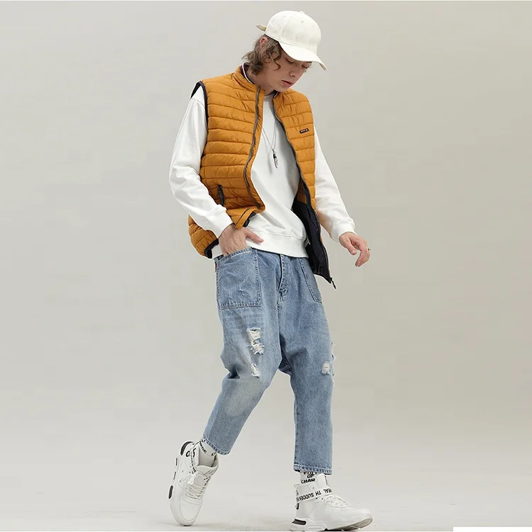 custom logo winter high quality windproof orange men down puffer vests zipper threaded stand collar ultra light men down vest