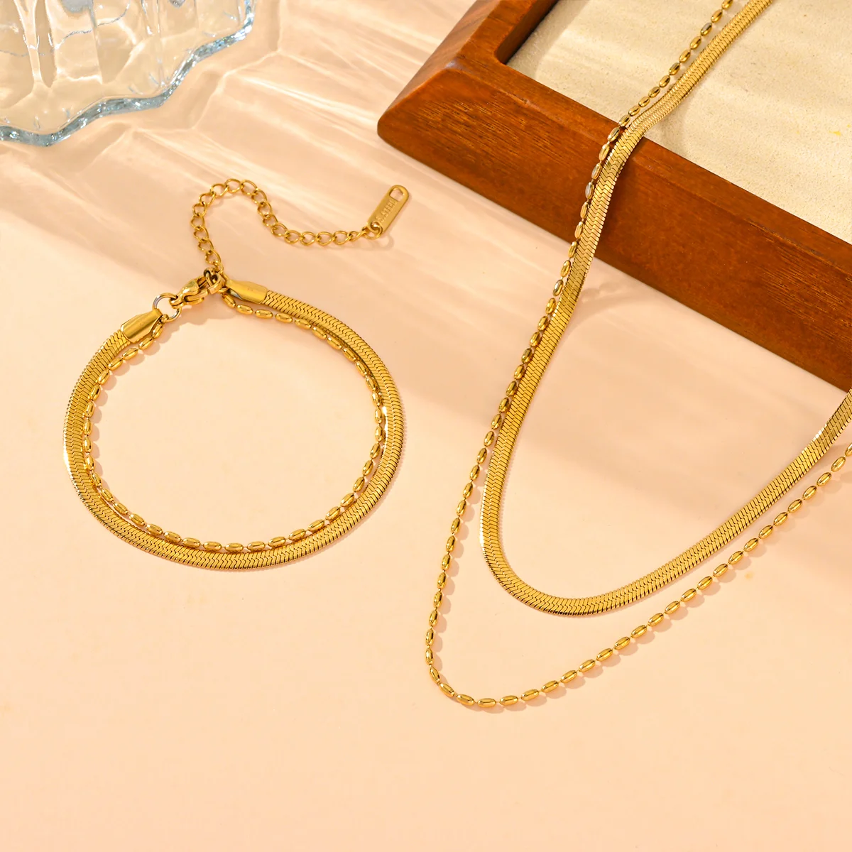 18K Gold Plated Stainless Steel Snake Chain Bracelet Set Fashion Jewelry Small Rice Beads Double Layer Flat Bracelets