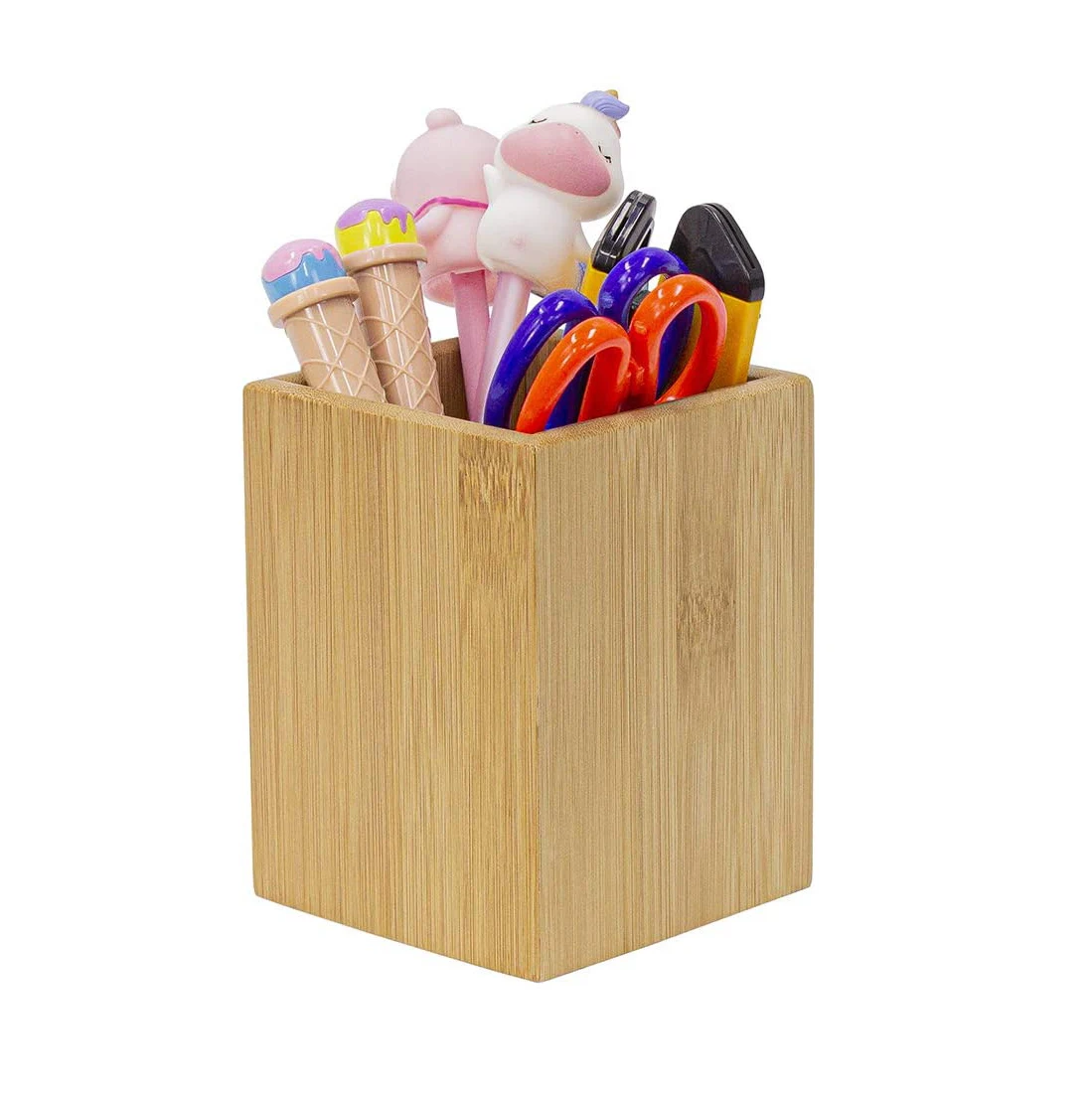 Custom office square wooden bamboo pen storage holder pencil organizer pen stand container