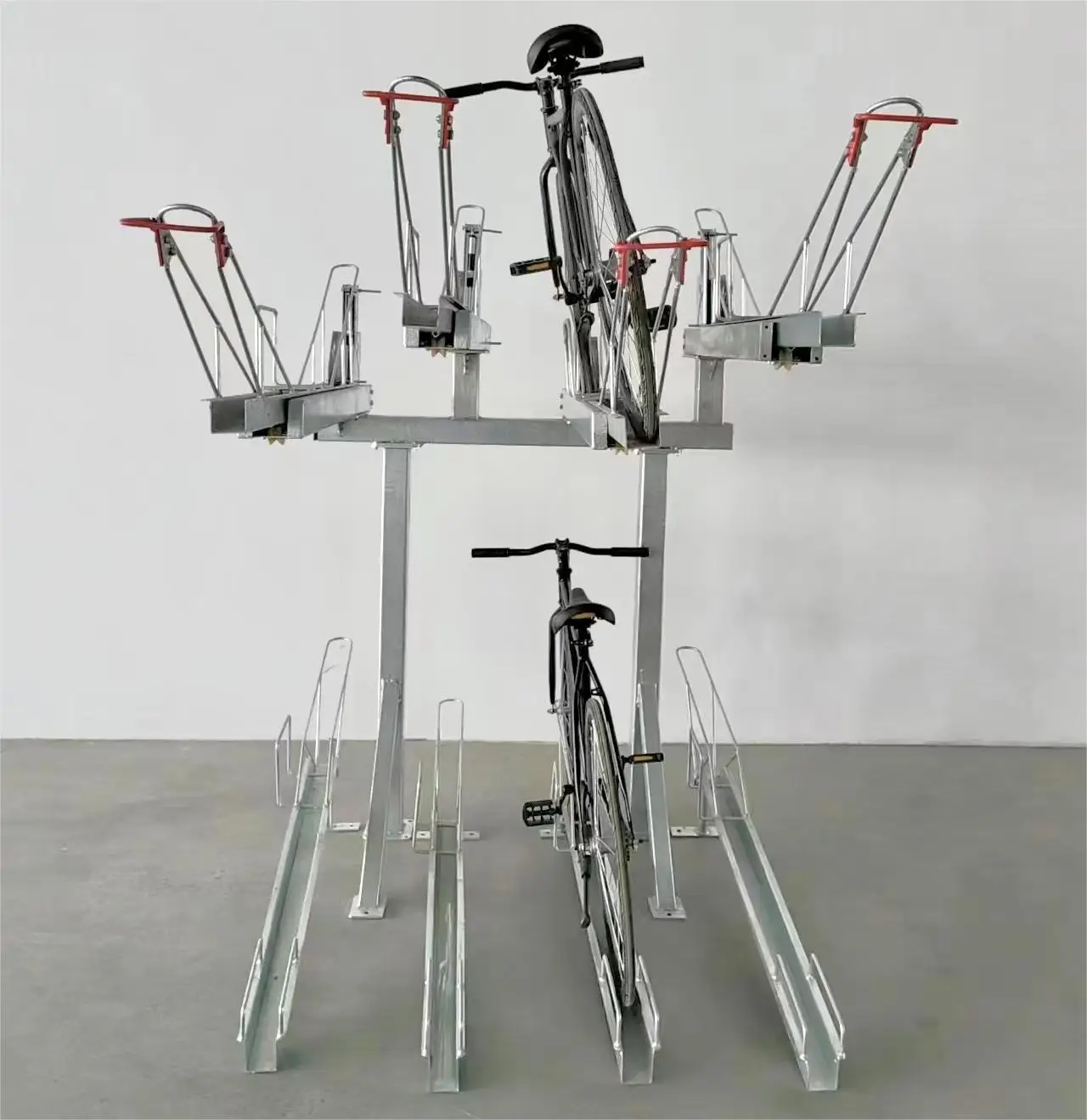 Easylift Premium gas-powered Double-Decker Assisted 4 Two-Tiered Cycles Storage Rack Across Two Tires for Handily Storing Bikes