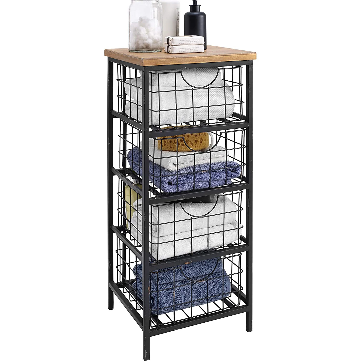 Design Customized Brown and Black Wire Grid Metal Drawer Unit with Wooden Top Use For Kitchen Bathroom