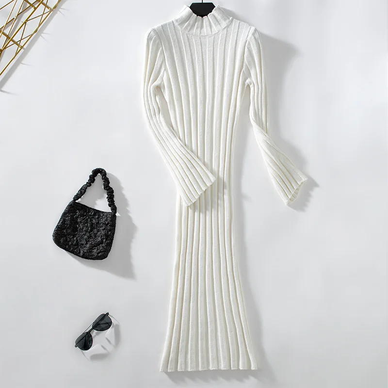 Autumn and winter new casual fashion high neck woolen dress Knitted long tight fitting high elasticity dress