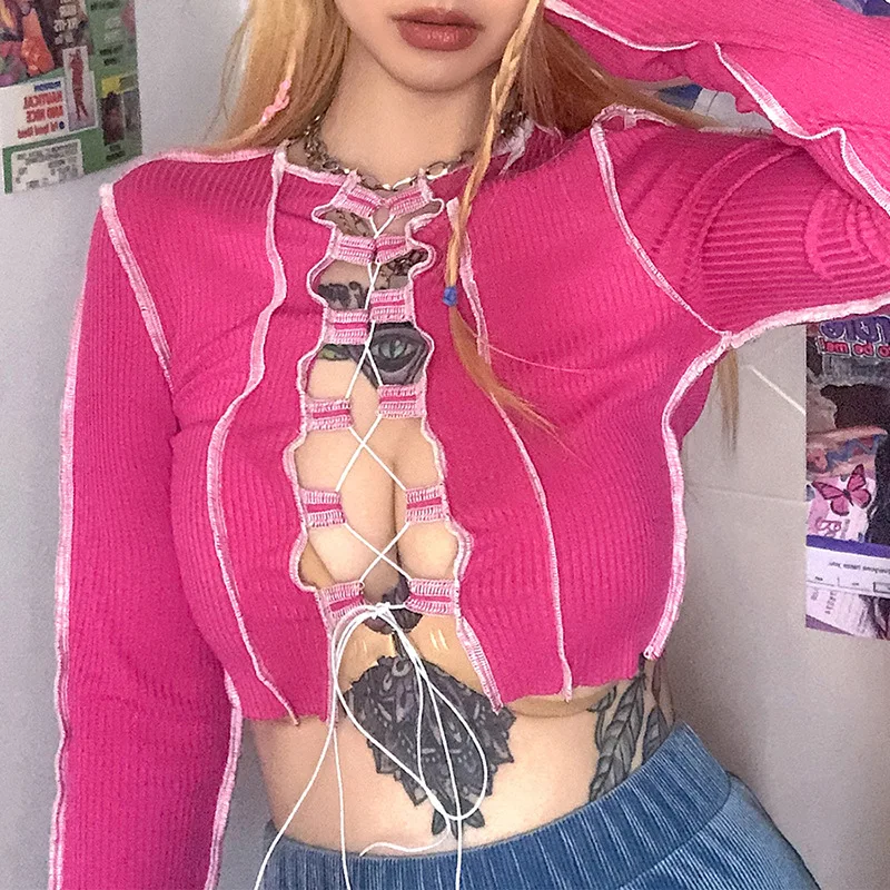 Newest 2020 Autumn And Winter Women Fashion Contrast Color Long-sleeved Strappy Hollow Sexy Slim T-shirt Women top y2k