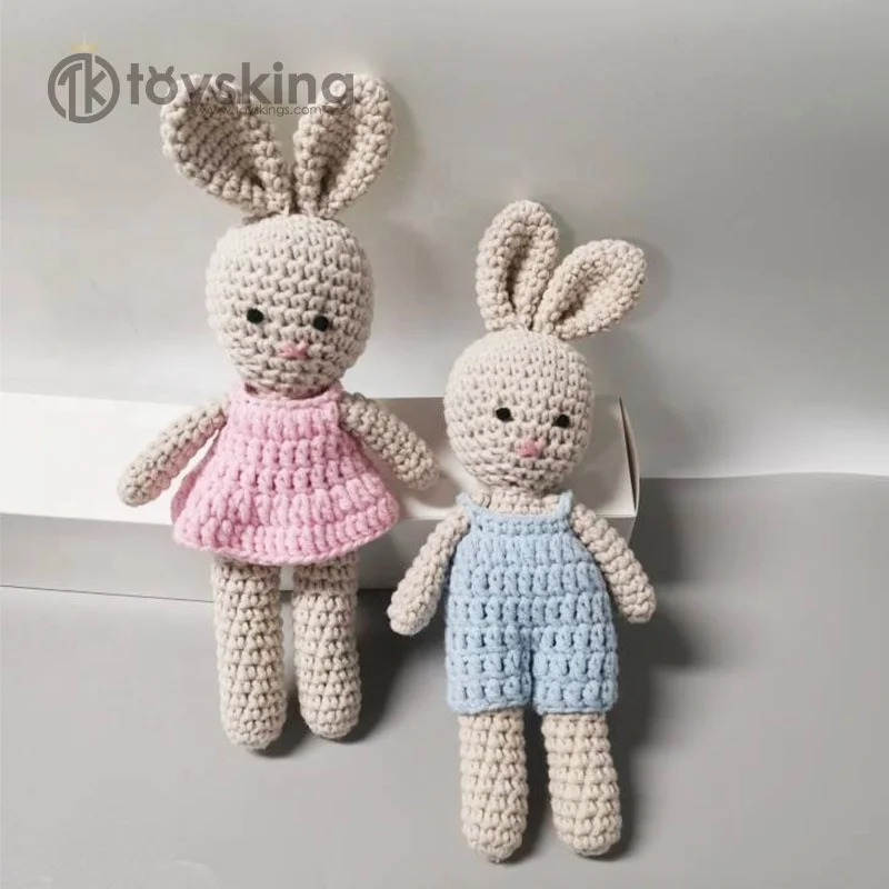 Sleeping Doll Cot Crib Toy Baby Gift Knitted Crochet Easter Bunny Stuffed Rabbit Amigurumi Vintage Toys