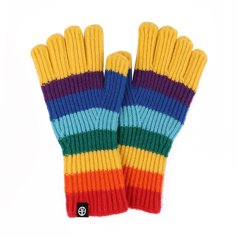 New Arrival Five Finger Warmth Winter Women Long Acrylic Knitted Rainbow Colorful Stripe Gloves